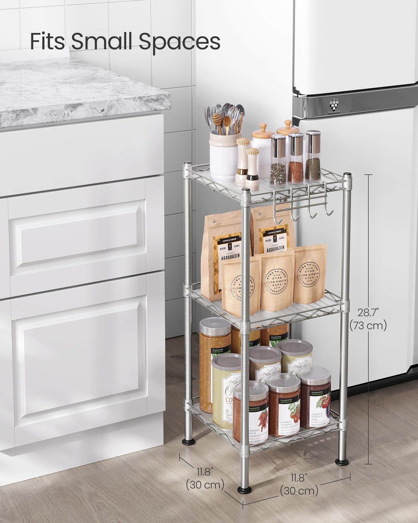 SONGMICS Storage Shelf, Small Metal Wire Shelving Unit, Adjustable Shelves, for Small Spaces, Garage, Bedroom, Living Room, Kitchen, Pantry, 5 Tier, 11.8 x 11.8 x 47.6 Inches, Ink Black ULGR123BH01