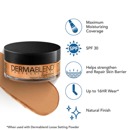 Dermablend Cover Crème Full Coverage Foundation Makeup, Hydrating Cream Concealer for Dark Circles and Blemishes, Maximum Coverage with Mineral Sunscreen SPF 30, 1 OZ