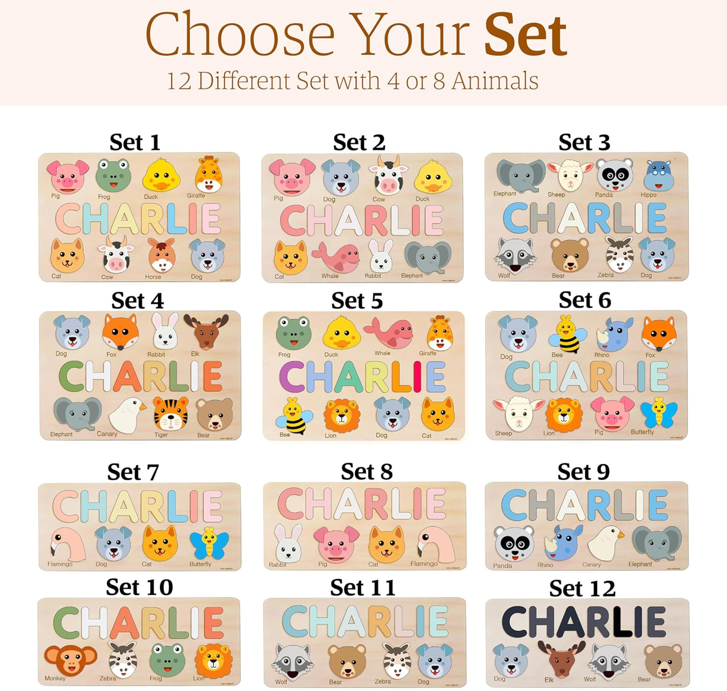 Zuzu Puzzle Personalized Name Puzzle for Toddlers 1-3 | Safari, Farm & 12 Themes | Handmade Wooden Montessori Toy, Keepsake Nursery Decor & Perfect 1st Birthday Gift for Boy Girl