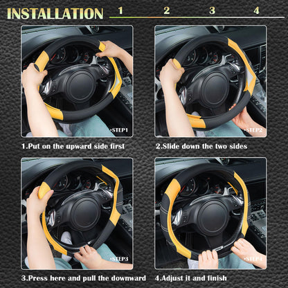 CAR PASS Line Rider Mikrofaser-Leder Sportlicher Lenkradbezug Universal Passend für 95% LKW, SUV, PKW, 36,8-38,1 cm Rutschfest Sicher Bequem Design (Schwarz-Grau)