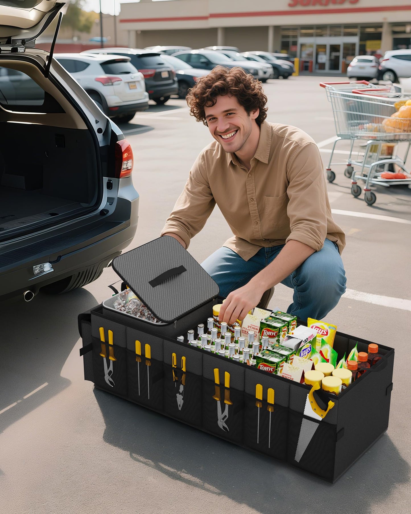 HOTOR Kofferraum-Organizer – Auto-Organizer, faltbarer Kofferraum-Organizer für SUVs & Limousinen, Autozubehör, Werkzeuge, Kleinigkeiten, 2 Fächer, Schwarz