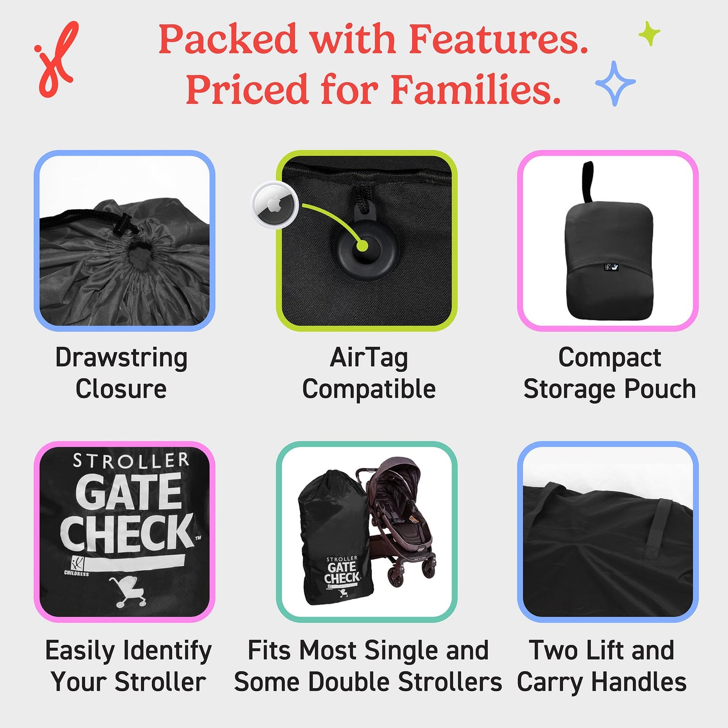 J.L. Childress Gate Check Bag for Single & Some Double Strollers - Travel Bag for Airplane, Fits Most Standard Baby Strollers, Airport Accessories Gate Check, Flying Essentials - Neon Blue
