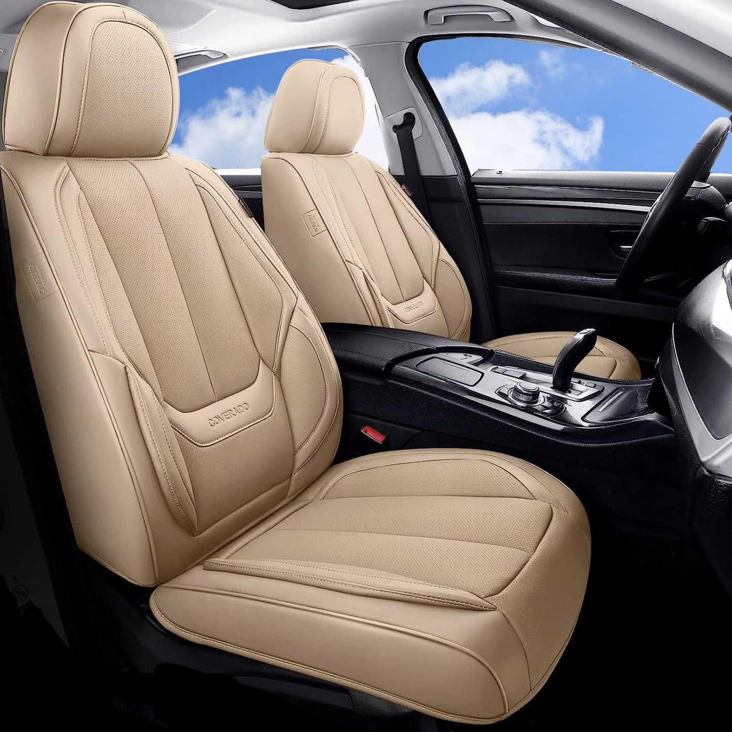 Coverado Car Seat Covers 5 Pieces, Full Set Universal Seat Covers for Cars, Waterproof Nappa Leather Auto Seat Protectors with Head Pillow, Car Interiors Fit for Most Sedans SUV Pick-up Truck, Black