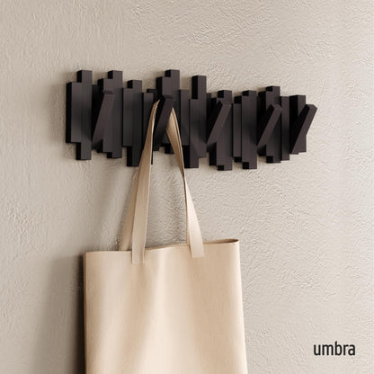 Umbra Sticks Wall-Mounted Coat Rack Rail Hook with 5 Retractable Pegs – Modern, Space-Saving Storage Organizer, Black