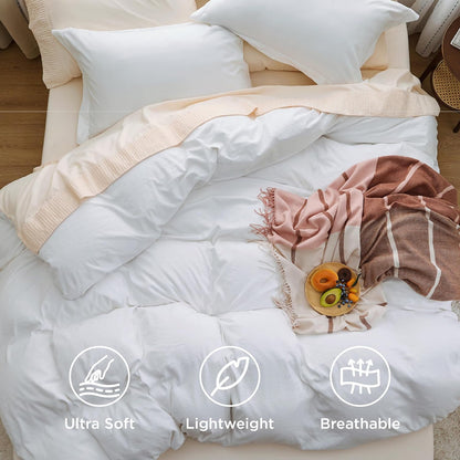 Funda nórdica blanca Bedsure, tamaño Queen, 3 piezas, aspecto de algodón prelavado, juego de cama extrasuave, incluye 1 funda nórdica de 228 x 228 cm con cierre de cremallera y 2 fundas de almohada, edredón no incluido