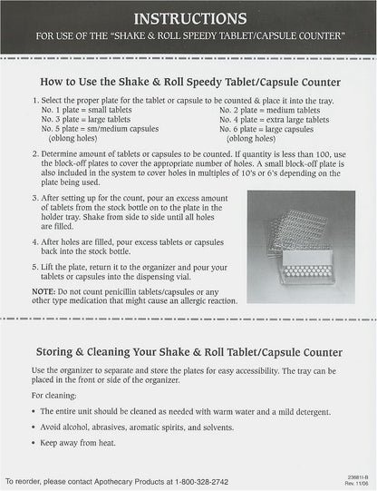 Apothecary Products Shake & Roll Pill, Medicine, Vitamin Holder & Organizer, Storage & Container for Weekly or Monthly Use (6 Plates), Made in the USA