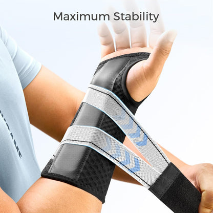 FREETOO Karpaltunnel-Handgelenkbandage Pro, Handgelenkstütze mit Einzug für den Schlaf mit S-förmiger Schiene, leichte Handbandage für Frauen und Männer, Sehnenentzündung, Arthritis-Schmerzlinderung, Schwarz/Hellgrau (Rechts, S/M)