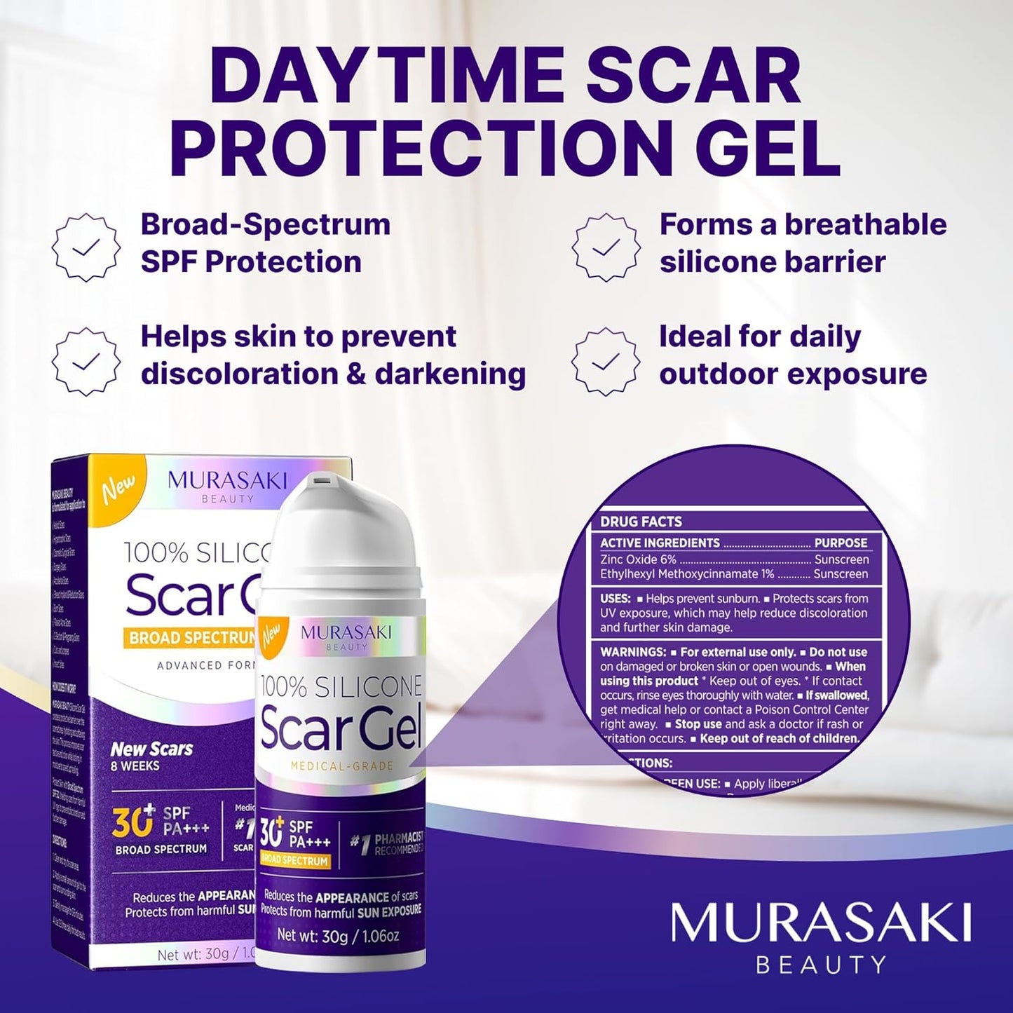 Silicone Scar Gel Day & Night Set - 100% Medical-Grade Silicone + SPF 30 Scar Cream for Surgical Scars, C-Section, Burns, Acne, Stretch Marks, Keloids – 1.06oz x 2 Tubes