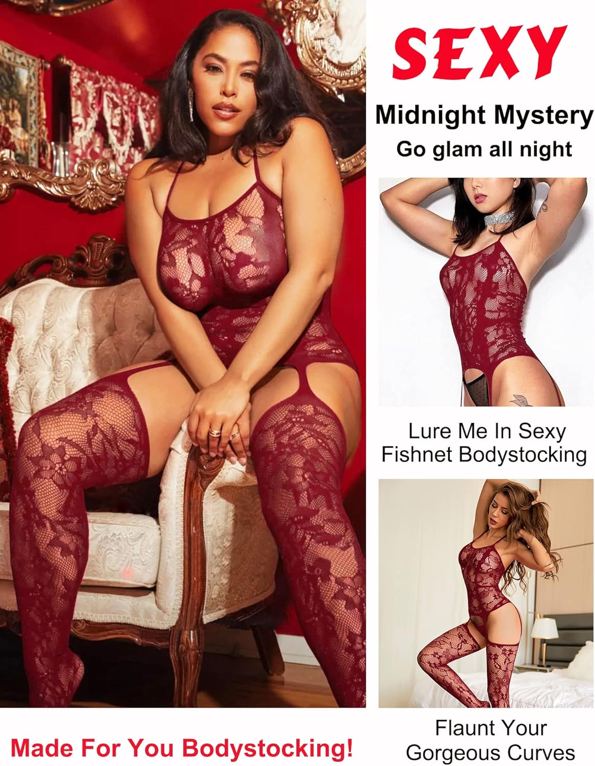 RSLOVE Damen Netz Bodystocking mit befestigten Strümpfen, sexy Dessous, offenem Schritt Body, Einteiler Babydoll, Einheitsgröße