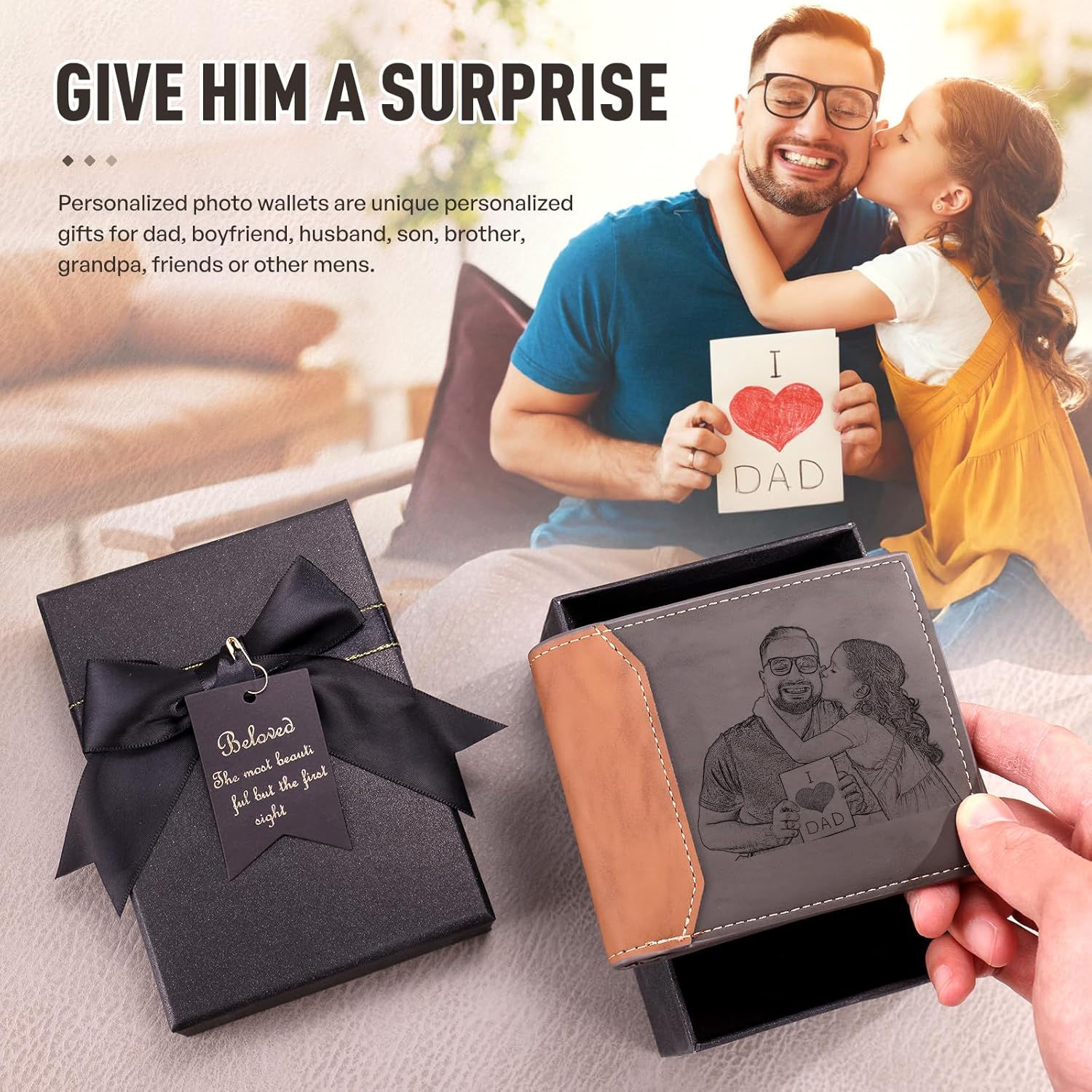 Custom Wallets for Men Personalized Leather Photo Wallet Fathers Day Gift for Dad Boyfriend