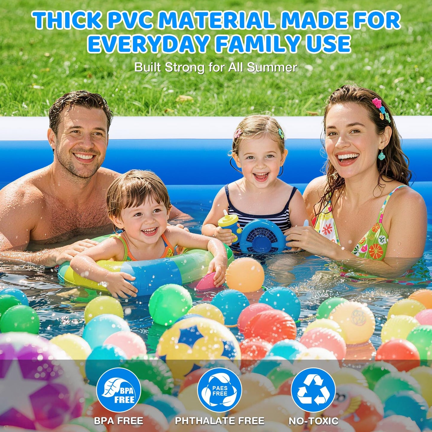 Extra Large Inflatable Pool for Adults & Kids, Family Size Blow Up Pool 165" x 76" x 22", Thickened PVC Swimming Pool with Electric Pump for Backyard Parties, Summer Fun & Outdoor Play