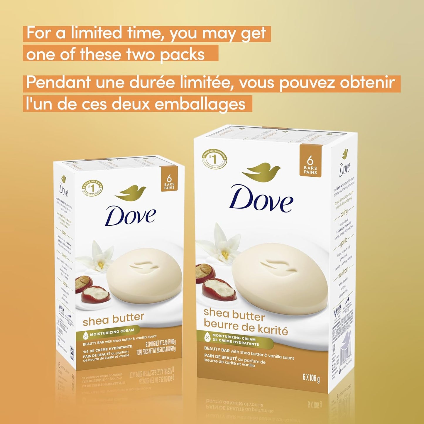 Dove Beauty Bar Seife für genährte, strahlende Haut, Sheabutter, pflegt die Haut, 106 g, 6 Stück