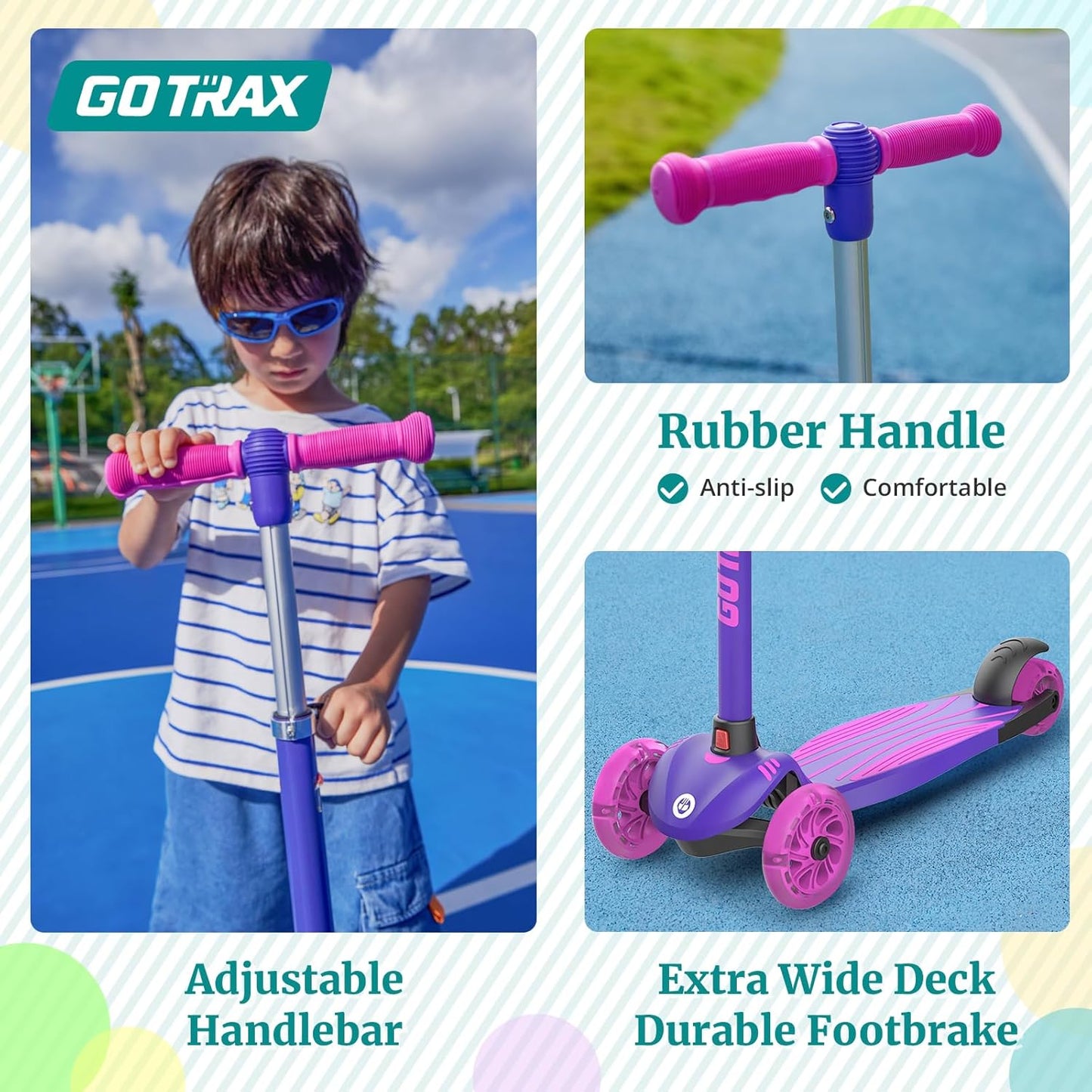 Gotrax KS1 Kinder-Roller, LED-Räder und 3-fach verstellbare Lenkerhöhe, Lean-to-Steer & breites Anti-Rutsch-Deck, 3-Rad-Roller für Jungen und Mädchen ab 3 Jahren und bis 45 kg