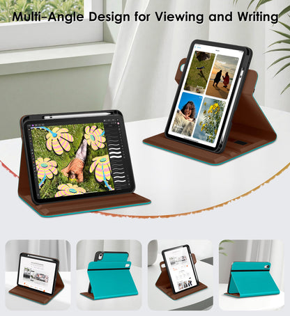 DTTO for iPad A16 Case, iPad 11th / 10th Generation Case (2025/2022), 360 Degree Rotating Premium Leather Folio Stand Cover with Pencil Holder, Brown