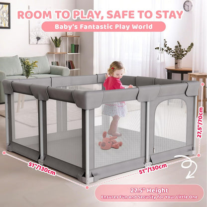Palopalo Baby Laufgitter, 180x150cm Extra Großer Laufstall für Babys und Kleinkinder, Baby-Aktivitätszentrum mit 8 Saugnapfbasen, Baby-Laufstall mit Tür und weichem, atmungsaktivem Netz, Ohne Matte