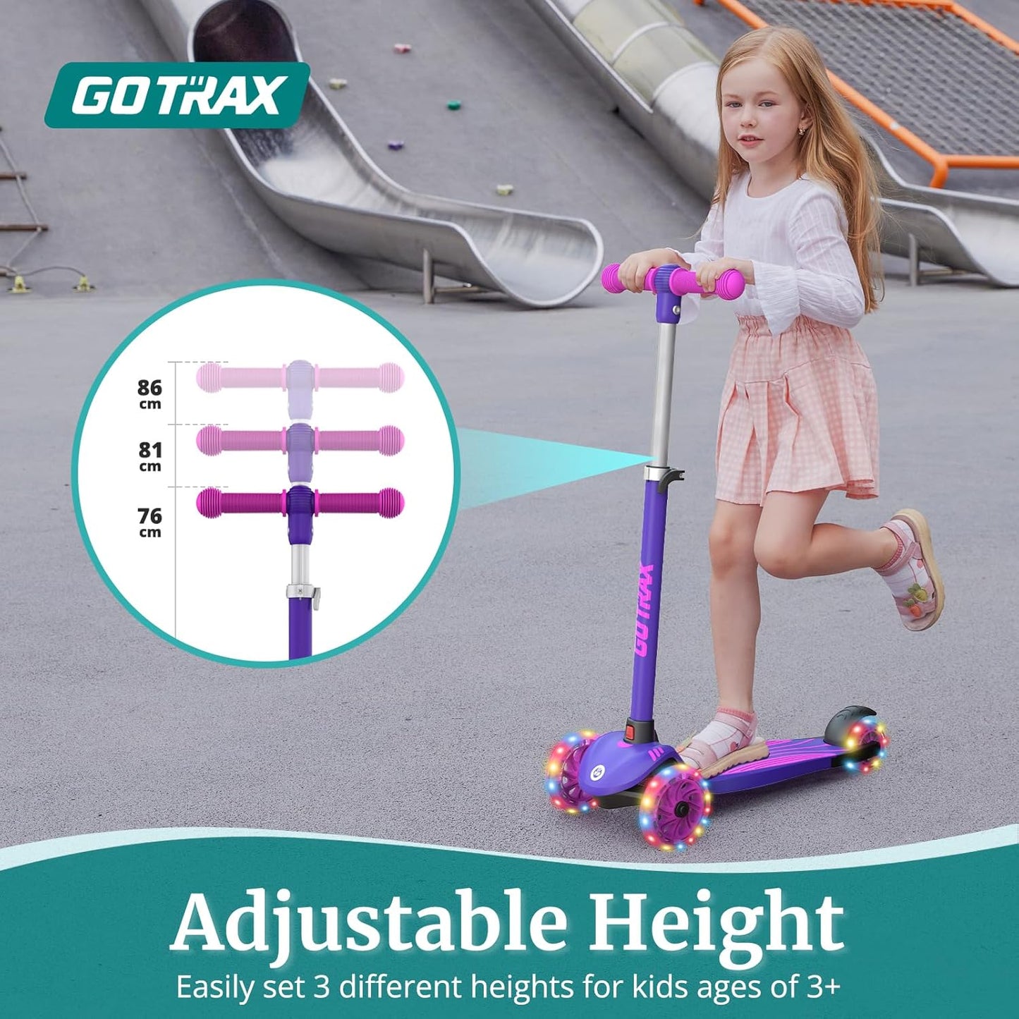 Gotrax KS1 Kinder-Roller, LED-Räder und 3-fach verstellbare Lenkerhöhe, Lean-to-Steer & breites Anti-Rutsch-Deck, 3-Rad-Roller für Jungen und Mädchen ab 3 Jahren und bis 45 kg