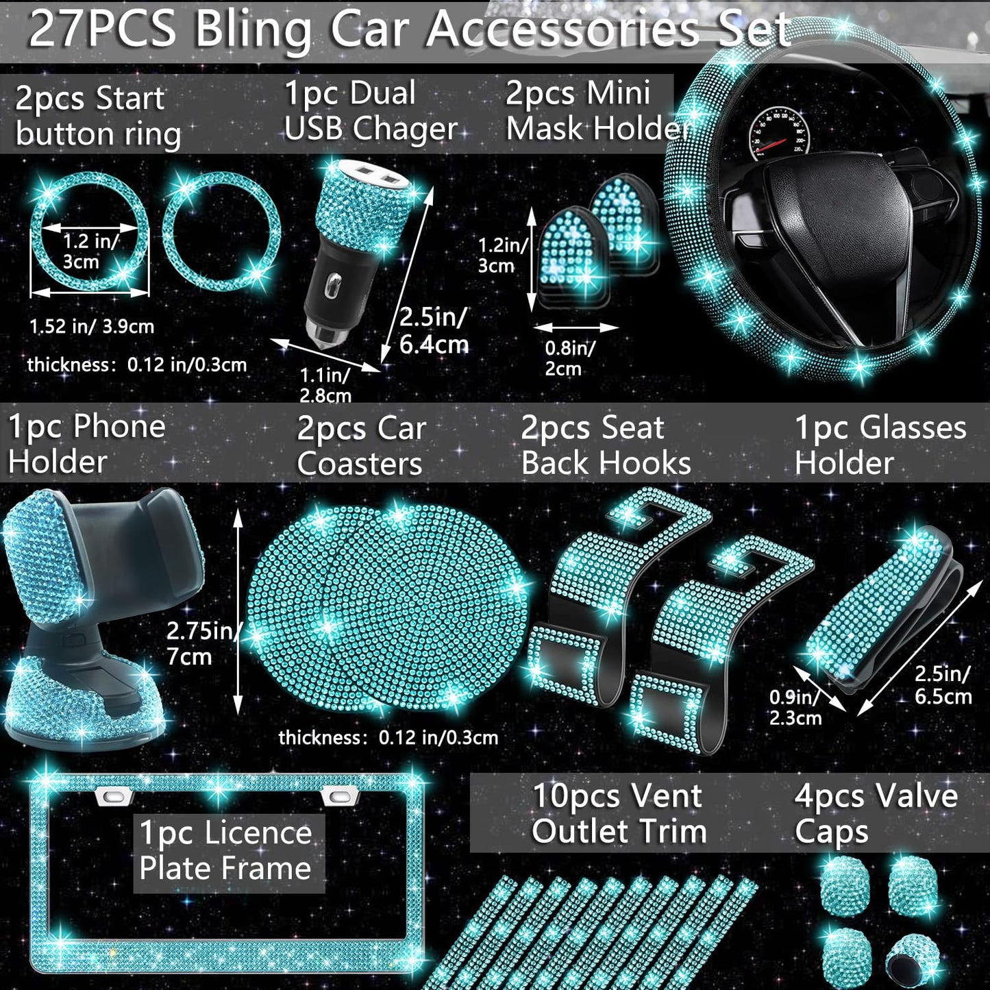 NBTEPEM 27-Piece Bling Car Accessories Set - Universal Fit Steering Wheel Covers, License Plate Frames, Phone Holder, Car Fast Charger, Coasters (Pink)