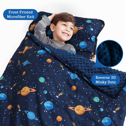 PHF Toddler Nap Mat with Removable Pillow and Minky Blanket, Rollup Design Kids Sleeping Mat, Slumber Bags for Boys, 55"x23" Toddler Sleeping Bag for Daycare Preschool Travel Camping, Space
