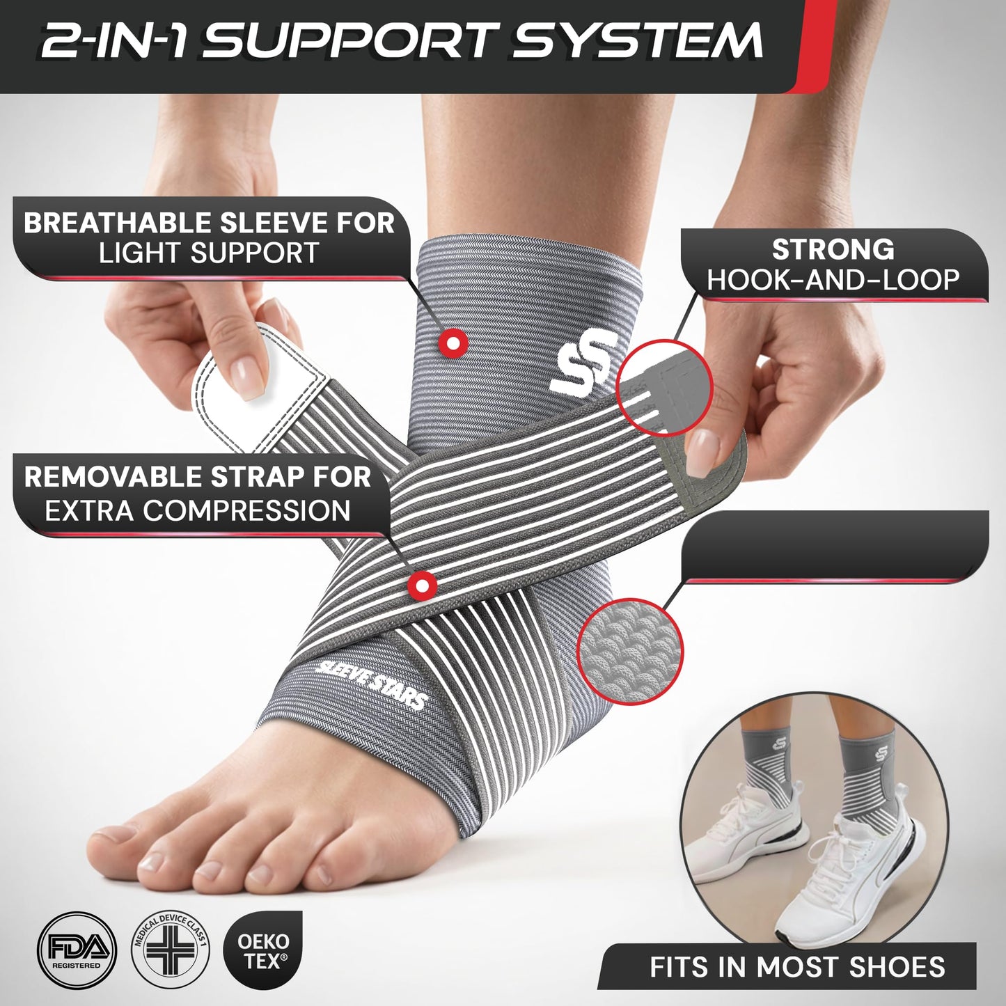 Sleeve Stars Knöchelbandage für Damen & Herren, Knöchelwickel für Verstauchungen, Kompressionsmanschette zur Linderung von Plantarfasziitis, Leicht anpassbare Unterstützung: mit abnehmbarem Gurt (Einzeln/M:25-30cm/Schwarz)