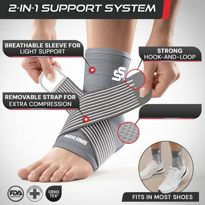 Sleeve Stars Knöchelbandage für Damen & Herren, Knöchelwickel für Verstauchungen, Kompressionsmanschette zur Linderung von Plantarfasziitis, Leicht anpassbare Unterstützung: mit abnehmbarem Gurt (Einzeln/M:25-30cm/Schwarz)