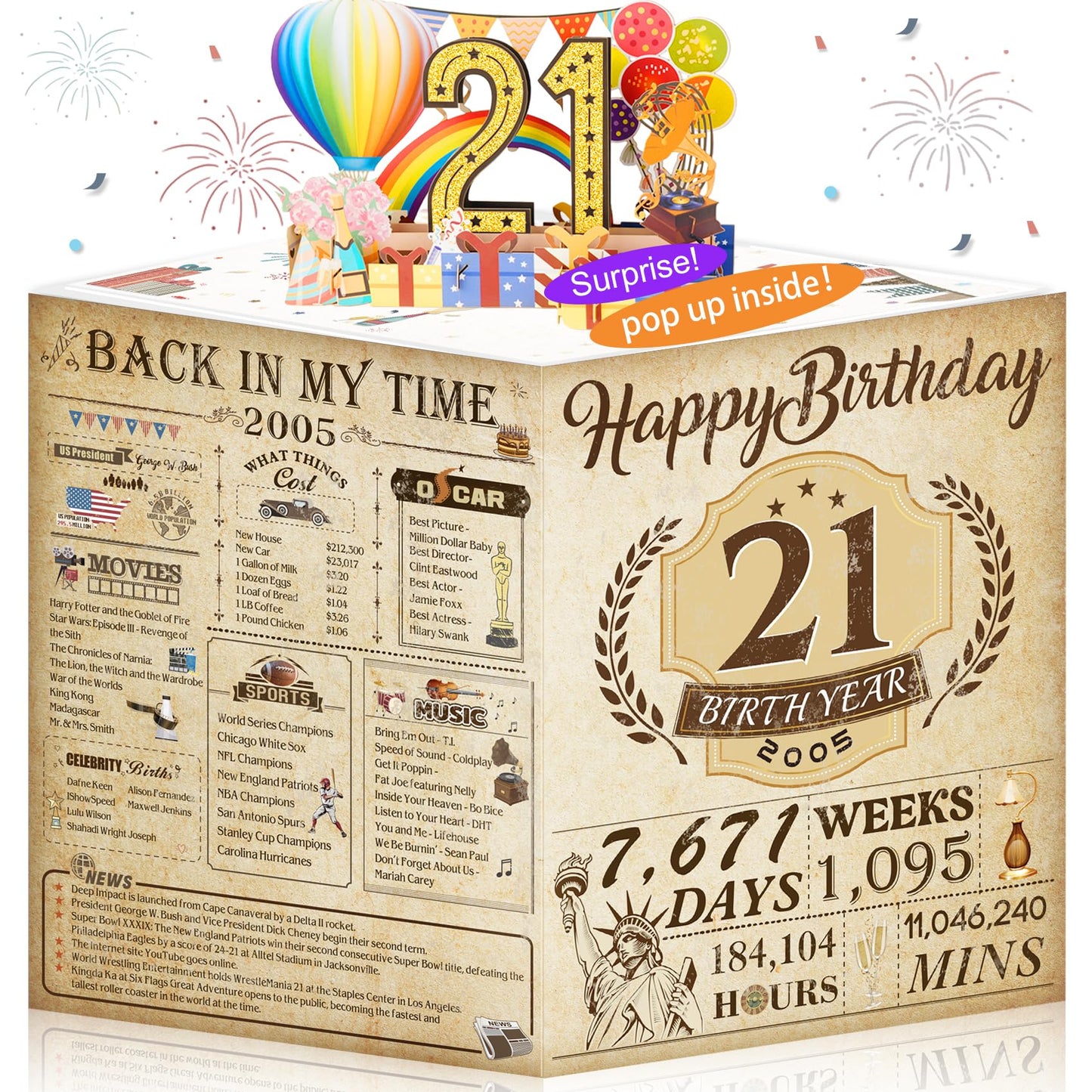 21st Birthday Card,3D Pop Up Funny 21st Birthday Decorations for Girls Granddaughter Sister,Happy 21 Year Old Birthday Gift for Daughter,Great 21Year Old Gifts Idea for Her,Jumbo Rose Glod In 2005