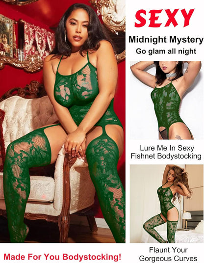 RSLOVE Damen Netz Bodystocking mit befestigten Strümpfen, sexy Dessous, offenem Schritt Body, Einteiler Babydoll, Einheitsgröße