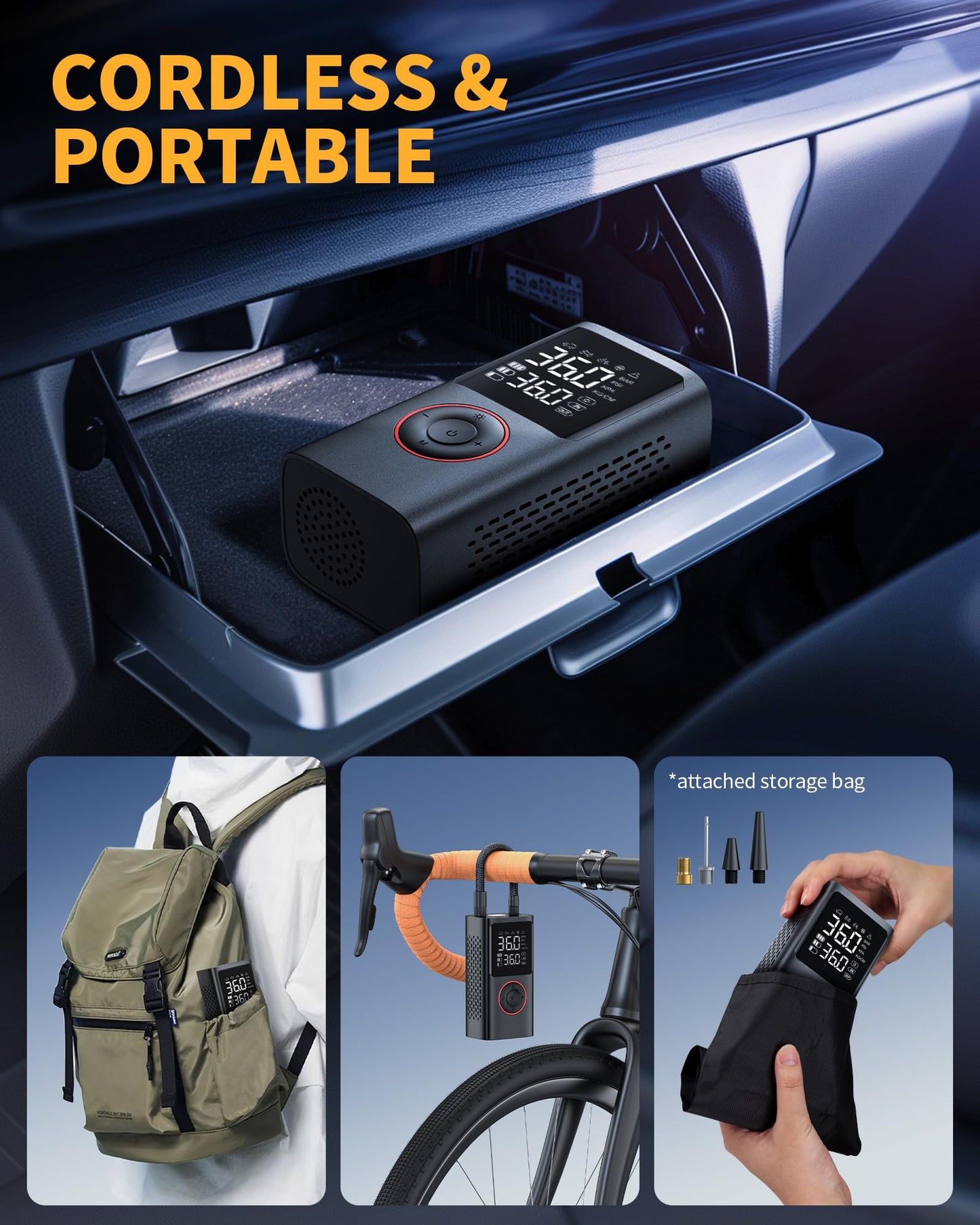 Tire Inflator Portable Air Compressor, 150 PSI Cordless Mini Bike Tire Pump, Air Pump for Auto, Motorcycle, Bicycle, Balls with Pressure Gauge&LED Light, Black, 8.89 X 4.75 X 13.79 CM