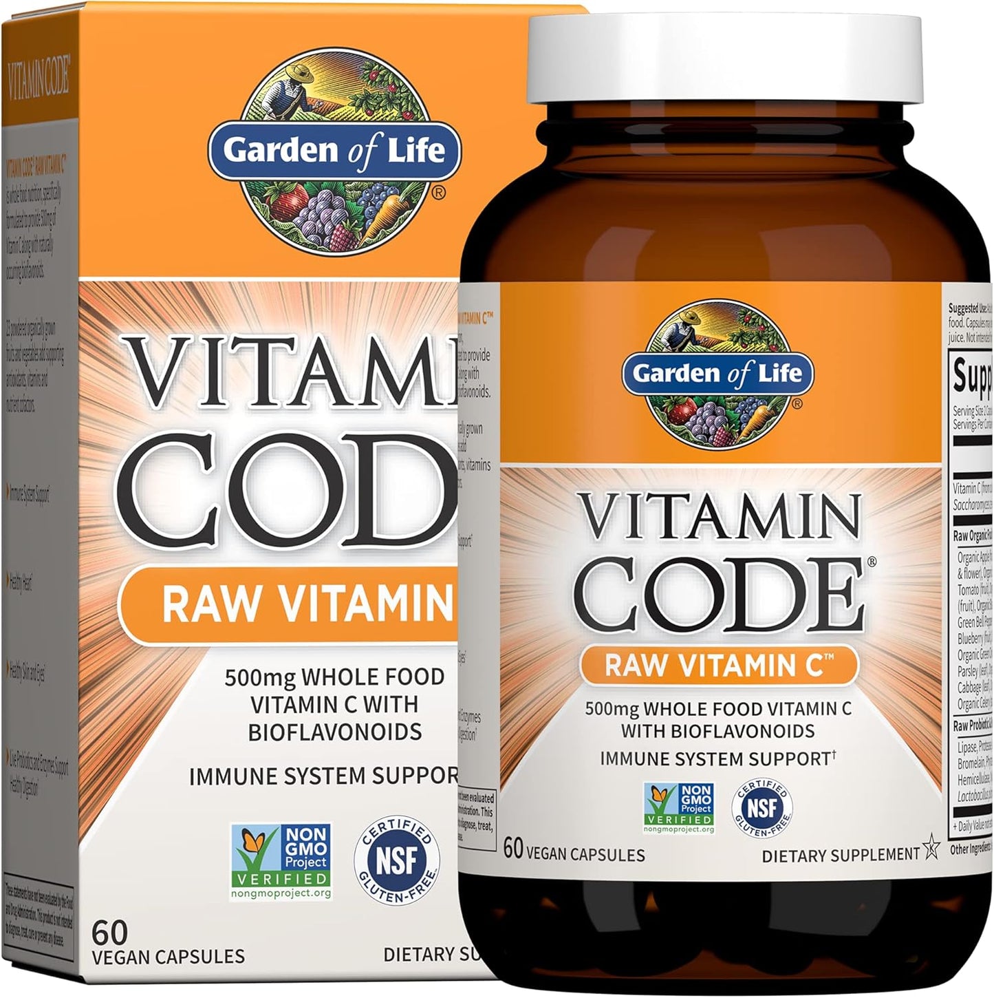 Garden of Life Vitamin Code Raw Vitamin-C, 500mg Whole Food VIT-C Capsules + Fruit & Veggie Blend & Probiotics, Supplements for Adults, Vegan, Gluten Free, 120 Capsules, (Pack of 6)