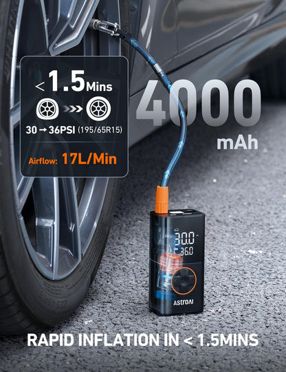 AstroAI L7 Tire Inflator Portable Air Compressor,150 PSI Cordless Mini Air Bike Auto Shut-Off Pump with Digital Display Pressure Gauge, Fast Inflation & LED Light for Car Tires,Motorcycles,Bikes,Balls