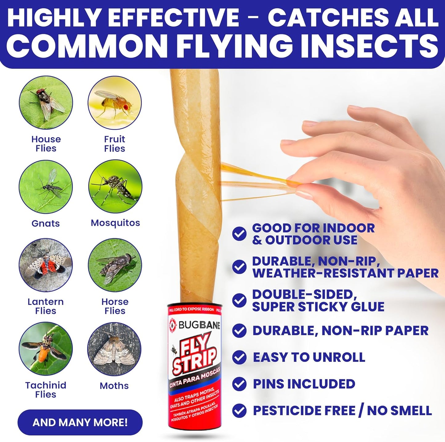 Fly Strips Indoor Sticky Hanging 24pk with Pins by BugBane