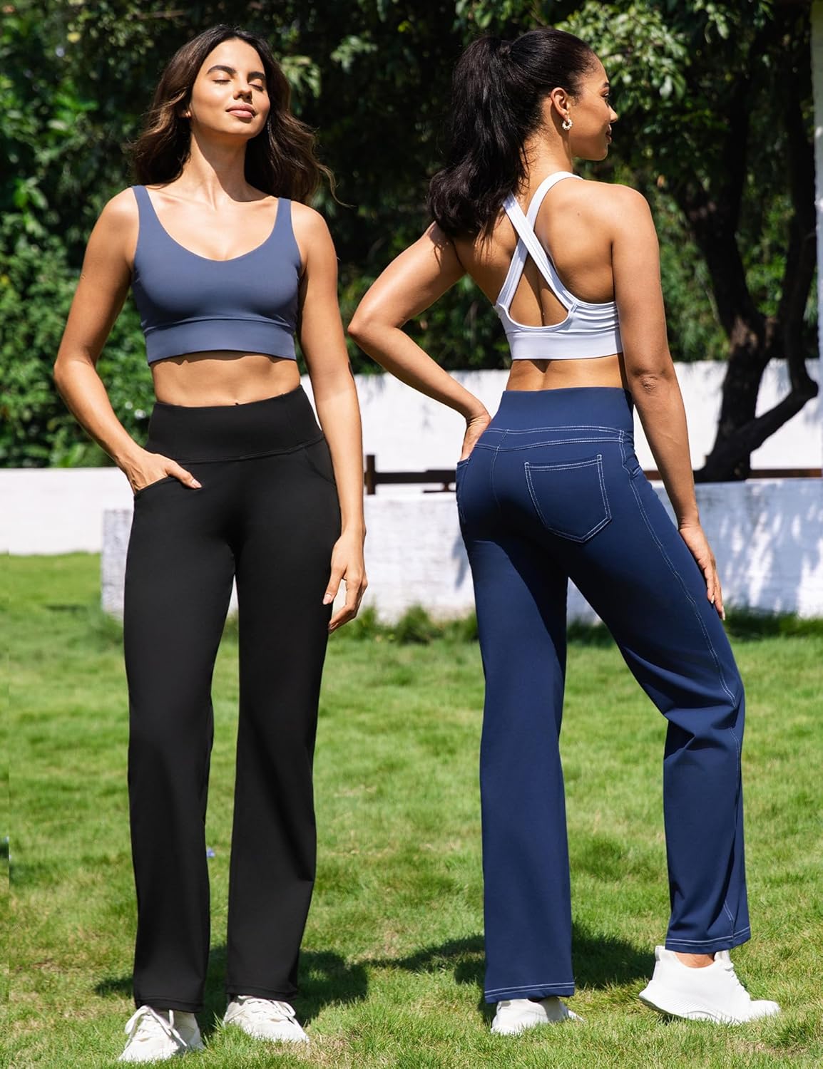 VOOVEEYA Yogahosen für Damen mit Taschen, gerade geschnittene Hose mit weitem Bein, hochtaillierte Business-Hose, petite/regulär//lang