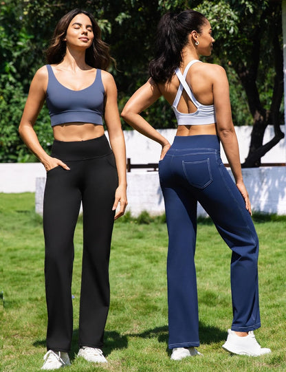 VOOVEEYA Yogahosen für Damen mit Taschen, gerade geschnittene Hose mit weitem Bein, hochtaillierte Business-Hose, petite/regulär//lang