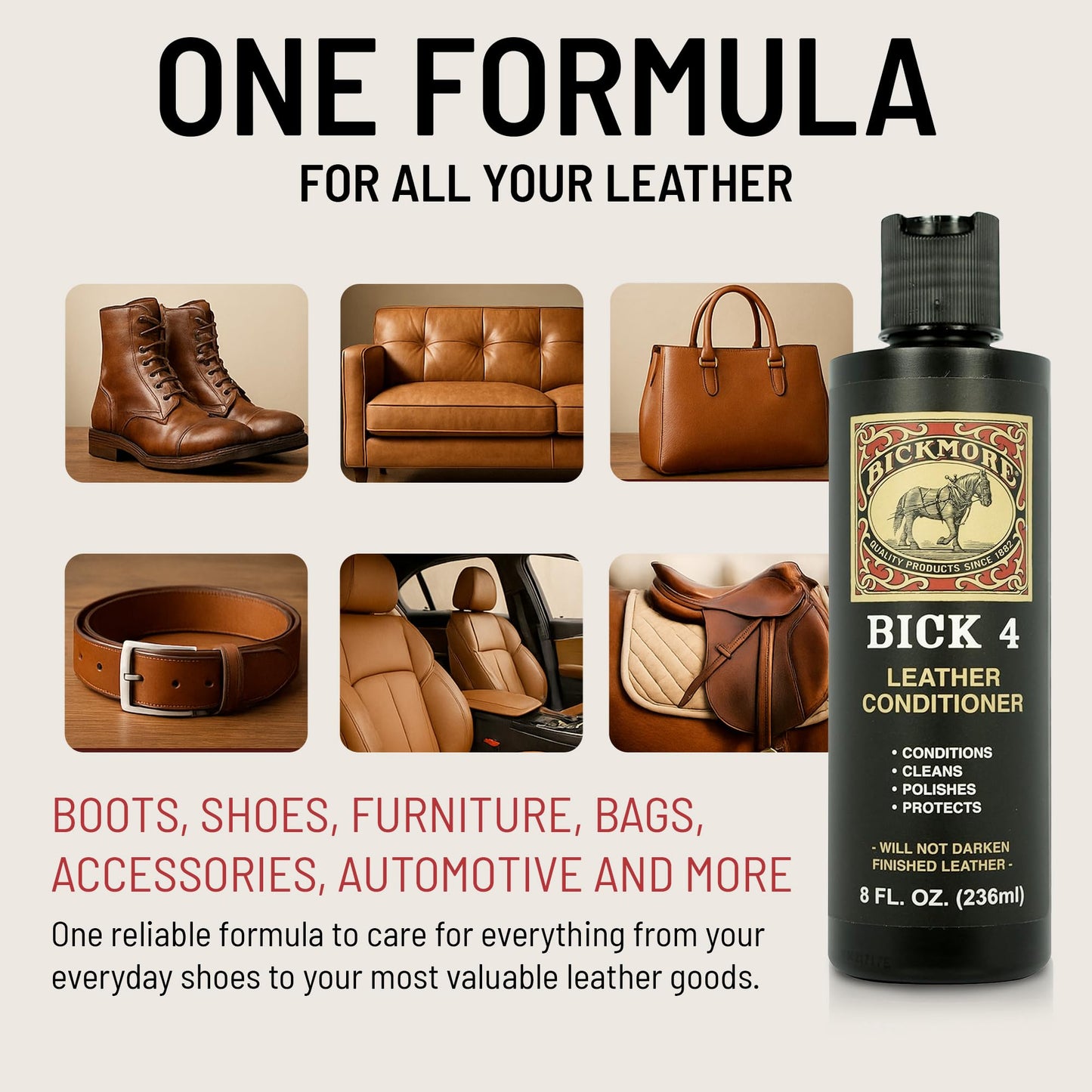 Bickmore Bick 4 Leather Conditioner 8 oz - Cleaner & Conditioner - Restore Polish & Protect All Smooth Finished Leathers