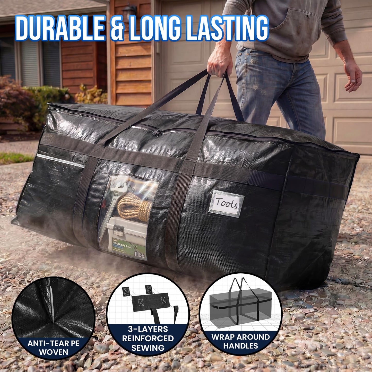 TAILI 69 Gallon Extra Large Storage Bags, XXL Blue Heavy Duty Moving Bags For Storage with Visible Window, Wrap Around Handles, Totes for Space Saving, Alternative to Moving Boxes (2 Pack)