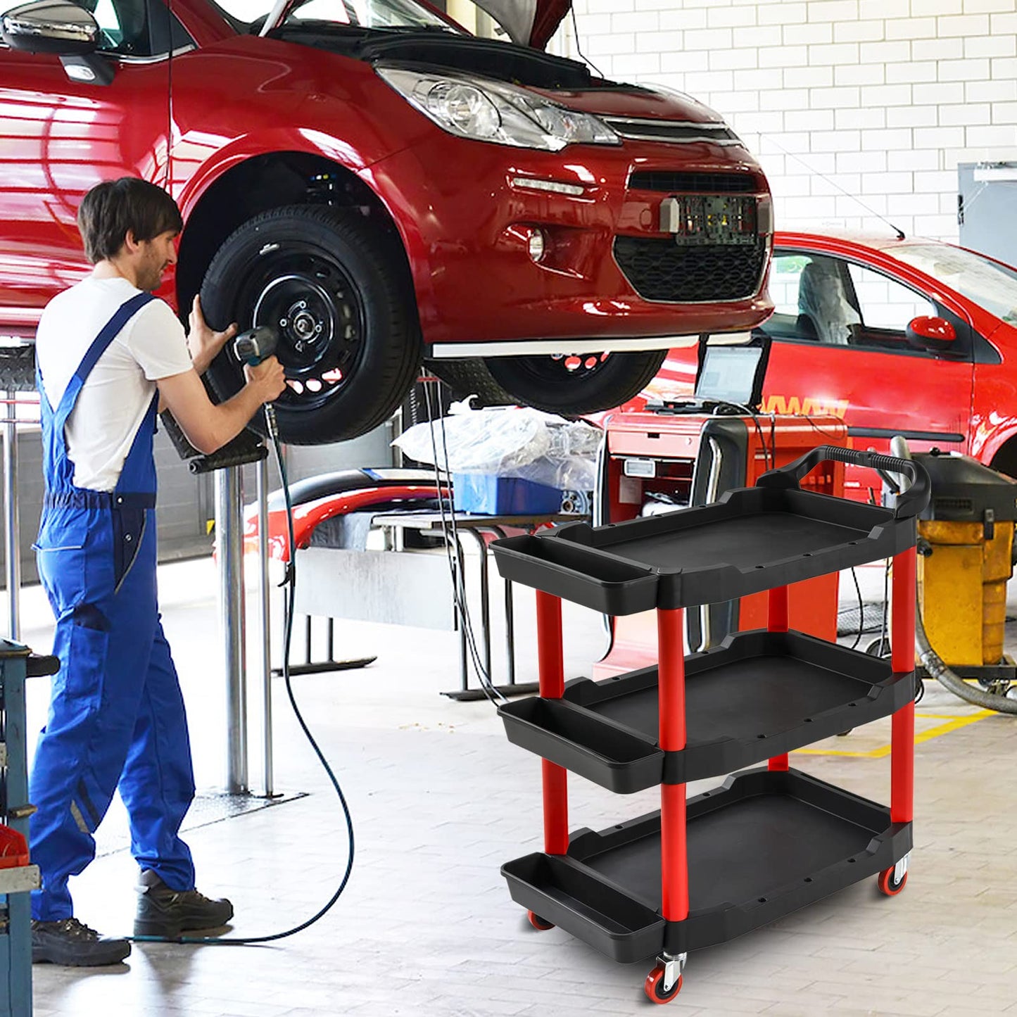 3-stöckiger Rollwagen für die Fahrzeugaufbereitung, 440 lb Schwerlast-Servicewagen mit Rädern und Griff, Regal-/Servierwagen, 4 Hängeplatten, Haken, für Lager-/Garagenreparaturen, Firmenreinigung, Auto-Beauty-Shop