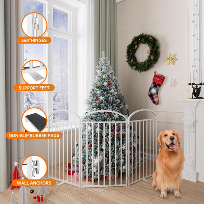 SNUOWU 4 Panels Full Matel Freestanding Dog Gates with Door, 96"Extra Wide 36"Tall Free Standing Dog Pet Gate for Indoor & Outdoor. Foldable Pet Fences for Doorways, House, Stairs, Porch, Deck, Yard
