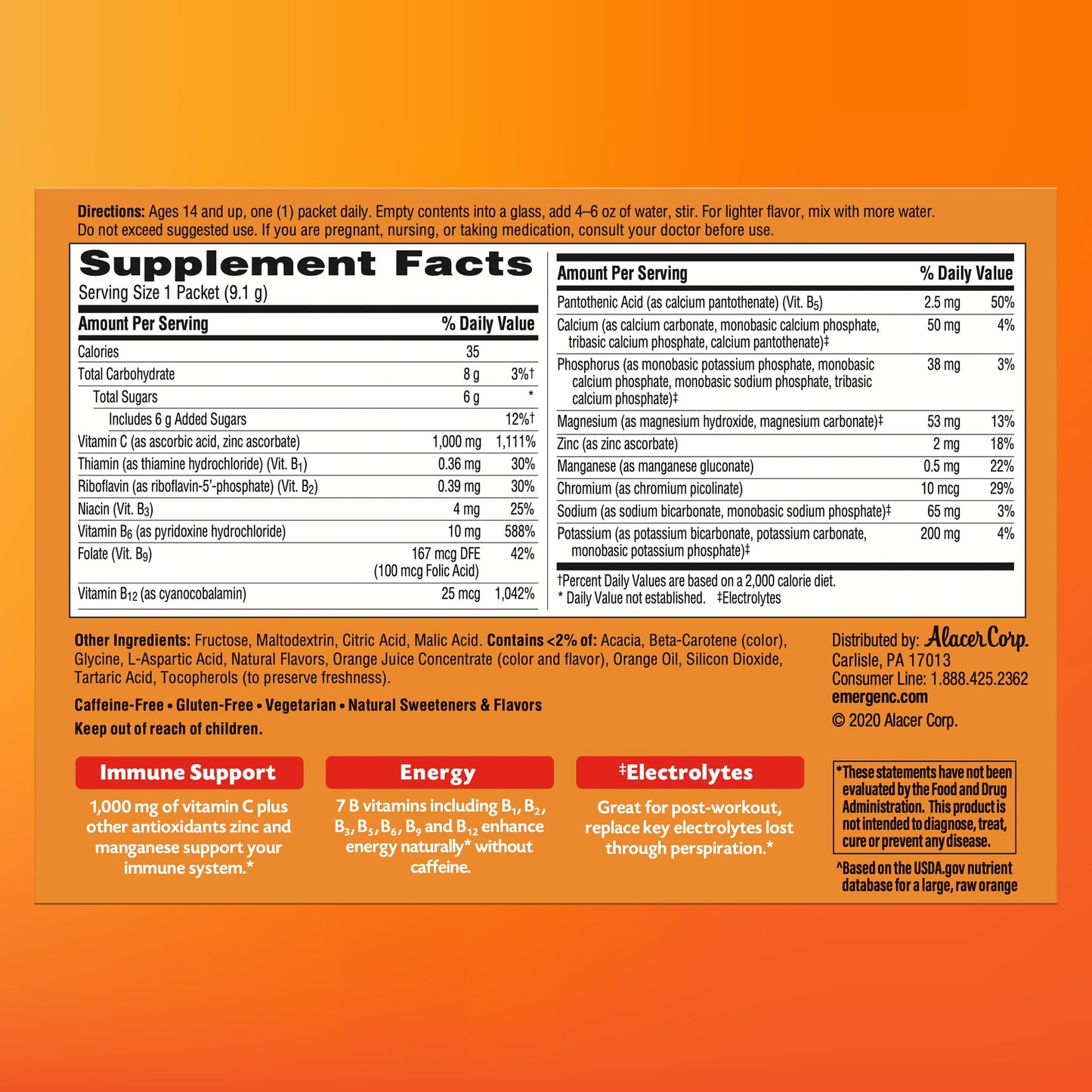 Emergen-C 1000mg Vitamin C Powder, with Antioxidants, B Vitamins and Electrolytes, Vitamin C Supplements for Immune Support, Caffeine Free Drink Mix, Raspberry Flavor - 60 Count/2 Month Supply