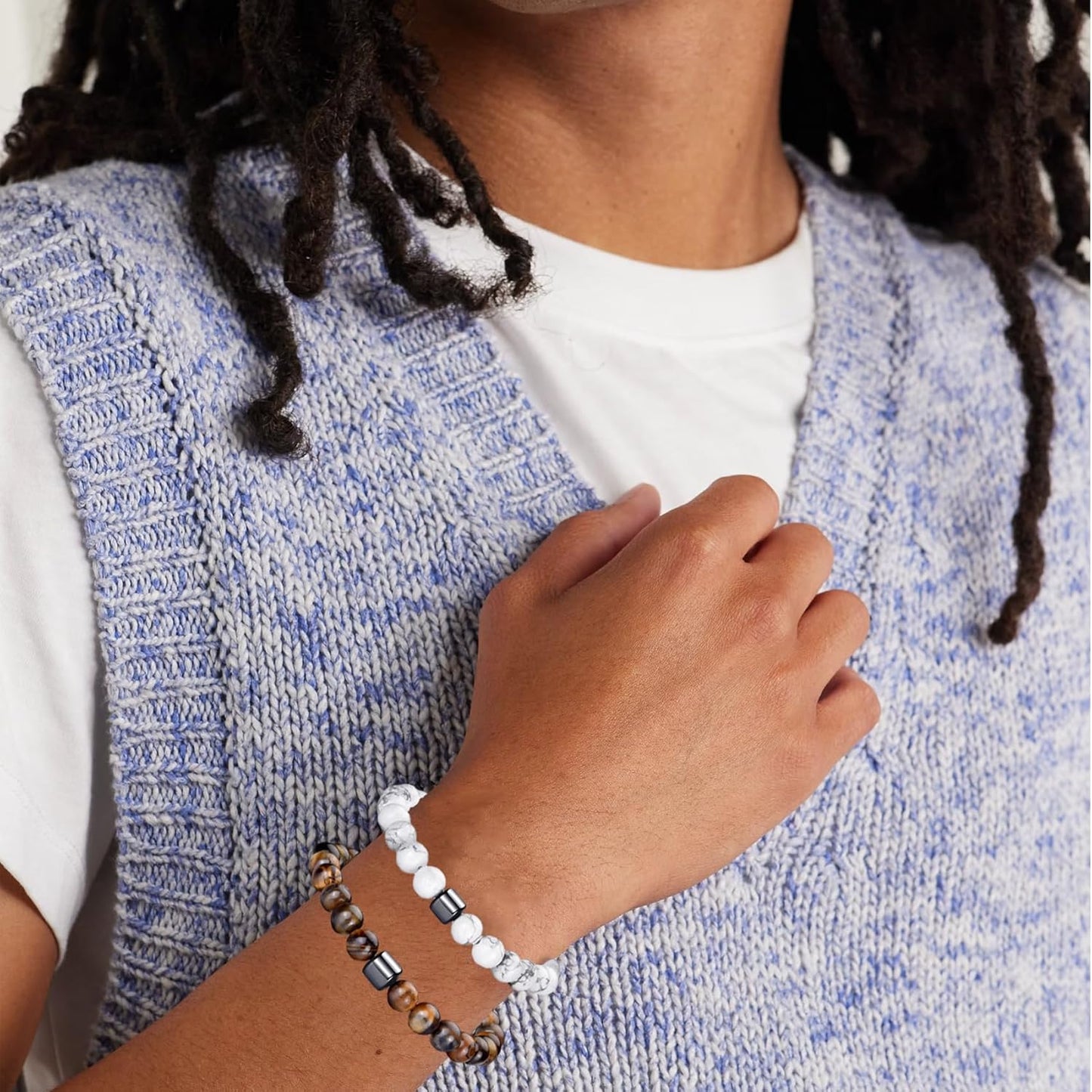 Tigerauge Armband für Herren 8MM Natursteinperlen Armband Set Stretch Lava Stein Armbänder Verstellbares Schwarzes Kristallperlenarmband für Herren Damen Geschenke