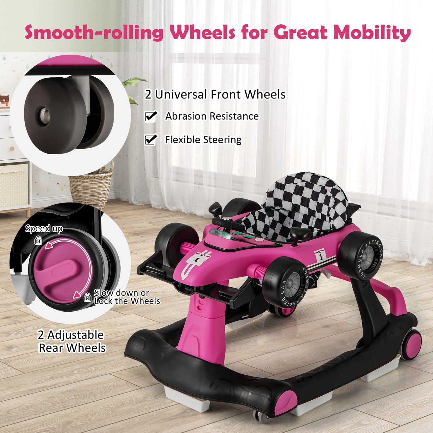 HONEY JOY 4-in-1 Baby Walker, Activity Push Walker w/3 Adjustable Heights, Smooth Wheels w/Adjustable Speed, Padded Seat, Music & Light, Foldable Car Walker for Baby Boys Girls Age 6 Months+ (Blue)