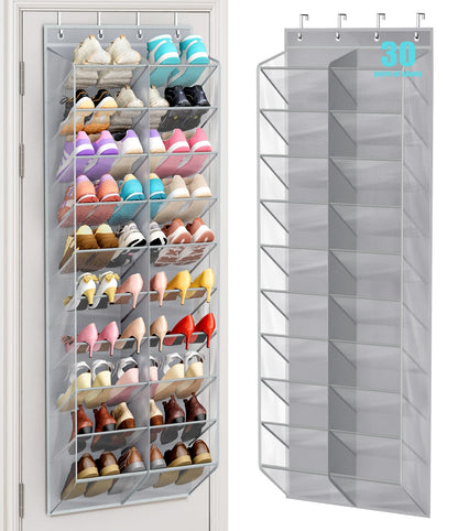 MISSLO 30 Pairs Over the Door Shoe Organizer Breathable Mesh Hanging Shoe Rack for Closet Storage with Wide Deep Pockets 10 Tier Shoes Holder Fit All the Family's Sneakers, Boots, Heels (White, 71")