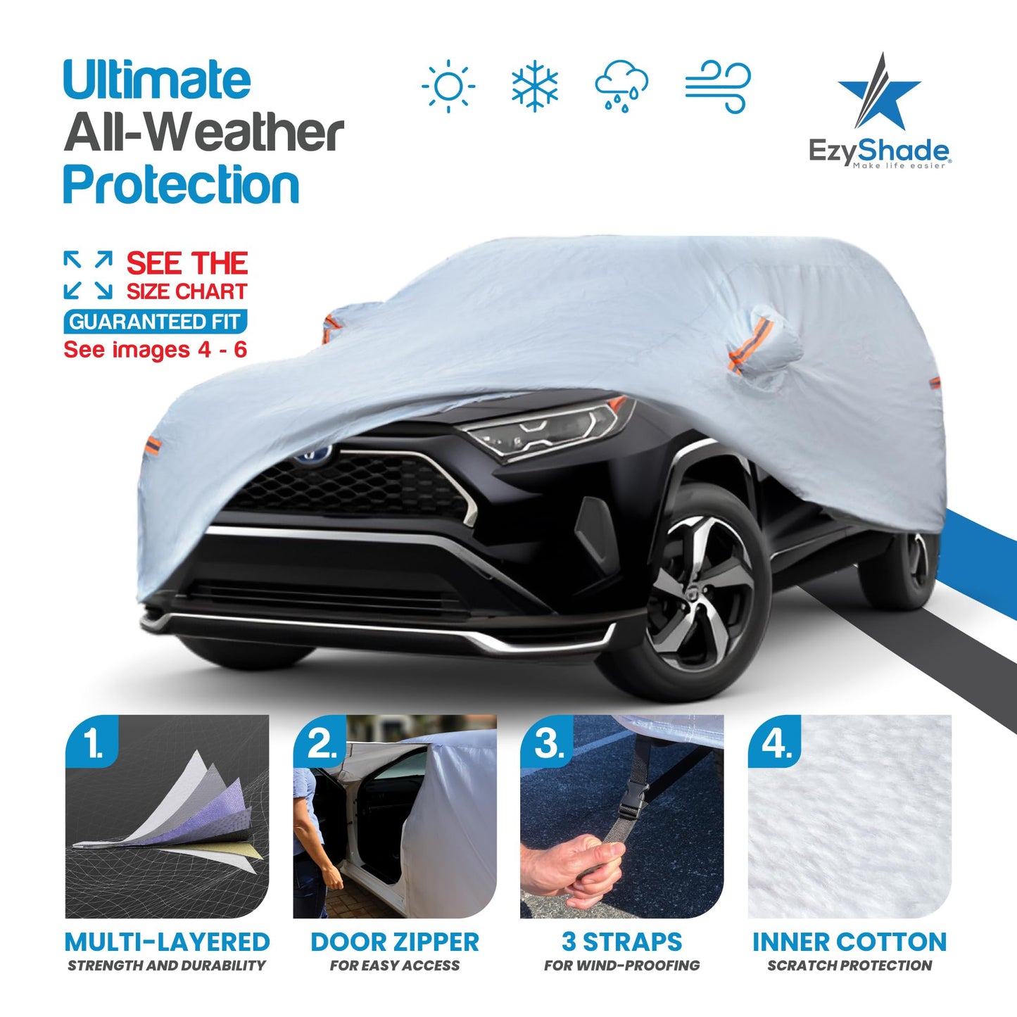 EzyShade 10-Schicht Autoabdeckung Wasserdicht Allwetter - Siehe Fahrzeug-Größentabelle - Autoabdeckungen für Automobile & Auto Schneeabdeckung - Komplette Außenabdeckungen - Winter Regen Sonne SUV Limousine. Größe A4 (Siehe Größentabelle)