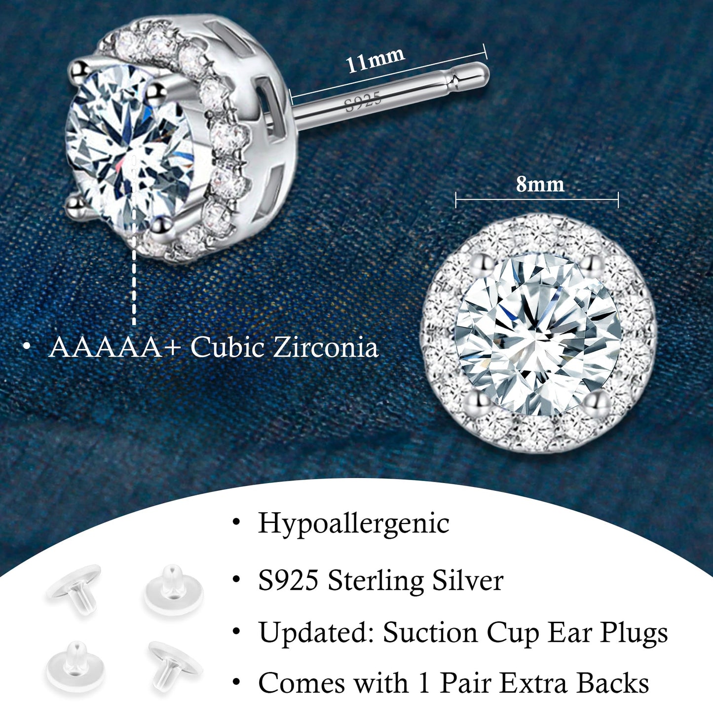 Sereney Dance Ohrringe 925 Sterling Silber Halo Stecker Hypoallergene Ohrringe für Damen, CZ 8 mm Runde Zirkonia Ohrstecker Ohrringe für Herren