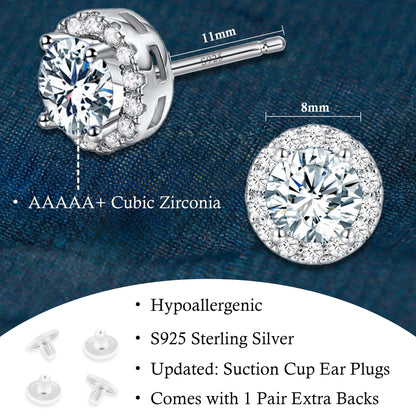 Sereney Dance Ohrringe 925 Sterling Silber Halo Stecker Hypoallergene Ohrringe für Damen, CZ 8 mm Runde Zirkonia Ohrstecker Ohrringe für Herren