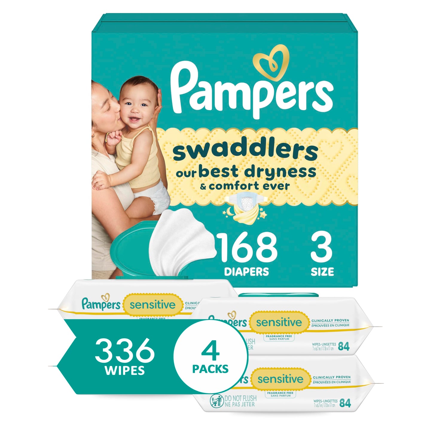 Pampers Swaddlers Disposable Baby Diapers Size 1, One Month Supply (198 Count) with Sensitive Water Based Baby Wipes 6X Pop-Top Packs (336 Count)