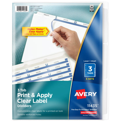 Avery 3-Tab Dividers for 3 Ring Binder, Easy Print & Apply Clear Label Strip, Index Maker Customizable White Tabs, 25 Sets (11445)
