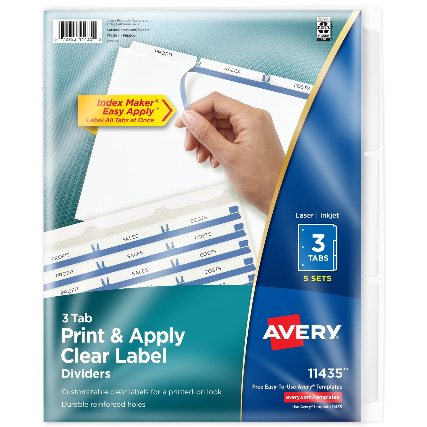 Avery 3-Tab Dividers for 3 Ring Binder, Easy Print & Apply Clear Label Strip, Index Maker Customizable White Tabs, 25 Sets (11445)