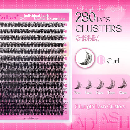 Cluster Wimpern D-Curl Wimperncluster 280 Stück Wimpernverlängerung Cluster Einzelwimpern Weiche DIY Wimpernverlängerungen Gemischtes Tray Wimperncluster Natürlicher Look (60D-0.07D, 8-16mm)