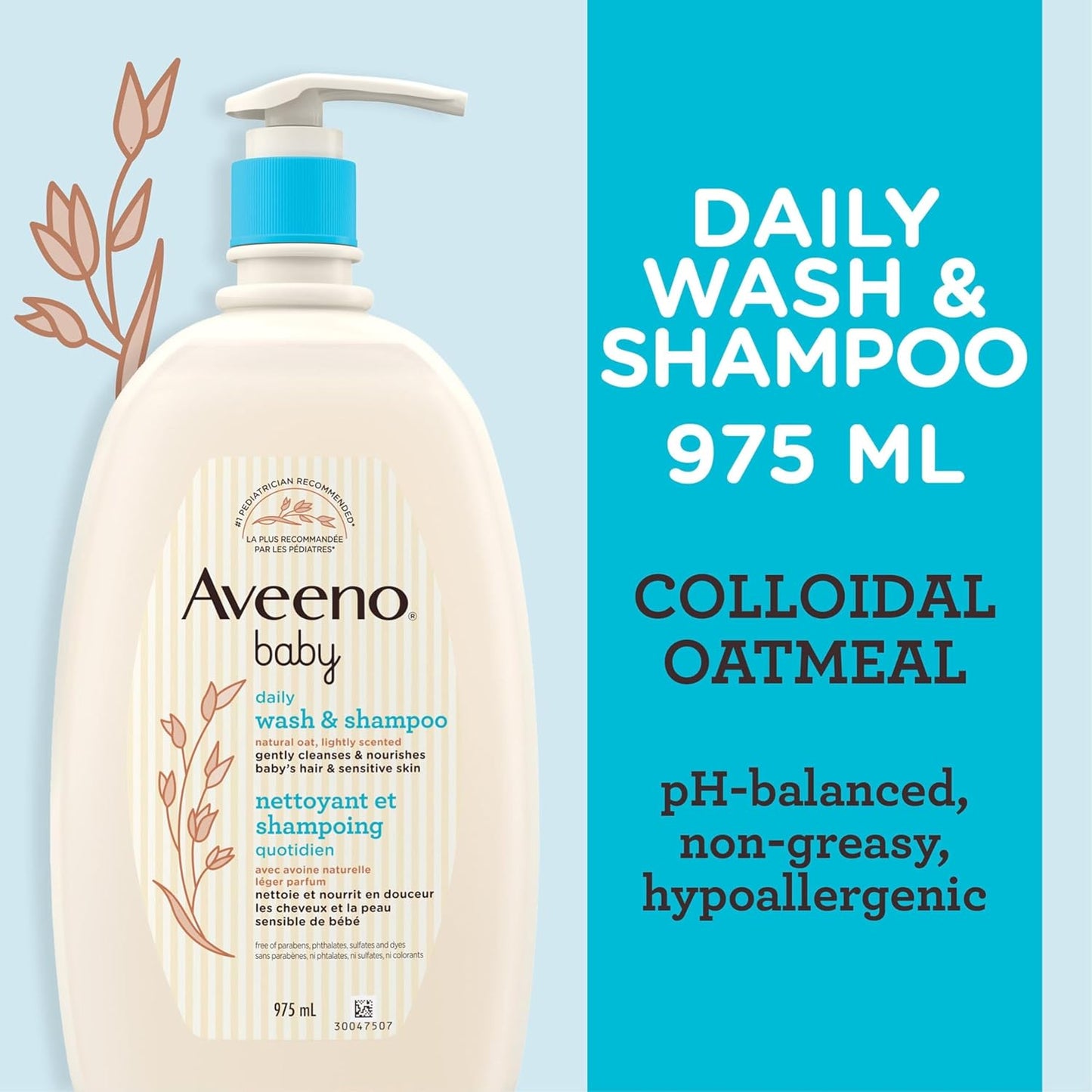 Aveeno Baby Wash and Shampoo - Gentle 2-in-1 Body Wash with Natural Oat Extract for Sensitive Skin - Tear-Free, Hypoallergenic Cleanser, Free from Parabens, Sulfates & Dyes - 975ml