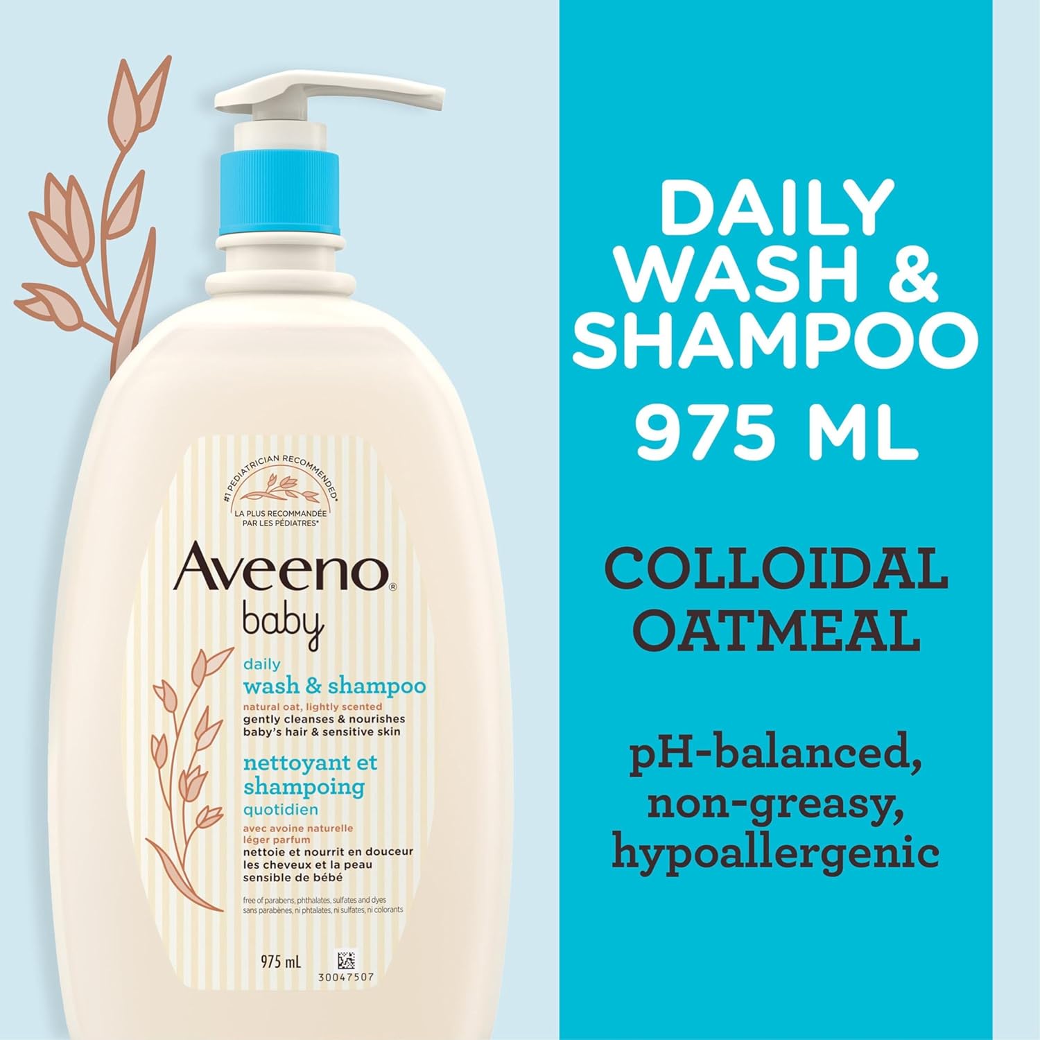 Aveeno Baby Wash and Shampoo - Gentle 2-in-1 Body Wash with Natural Oat Extract for Sensitive Skin - Tear-Free, Hypoallergenic Cleanser, Free from Parabens, Sulfates & Dyes - 975ml