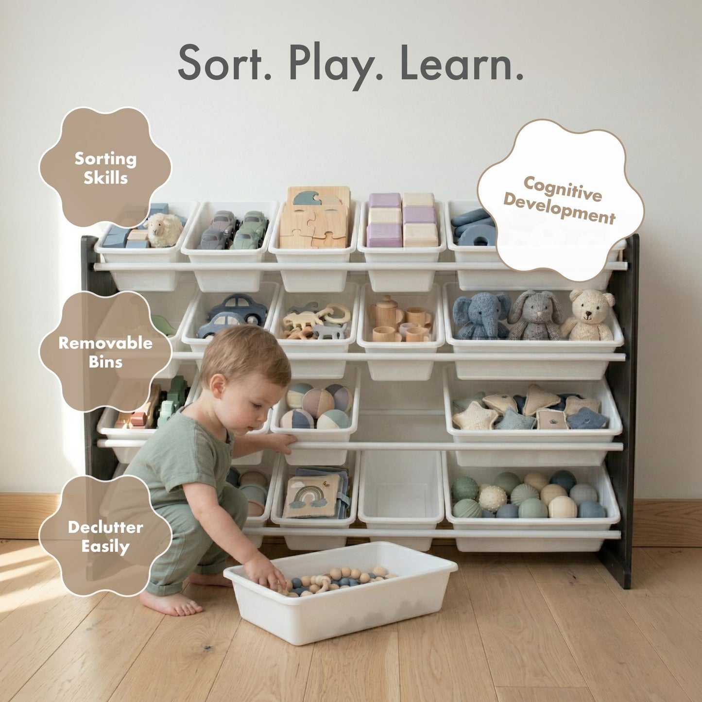 Humble Crew Toy Storage Organizer with 20 Removable Storage Bins for Kids Playroom, 4-Tier Toddler Toy Organization and Storage, Natural/White